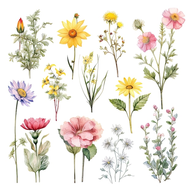 PSD aquarell sommerblumen helle blumenelemente für moderne illustrationen und grafiken