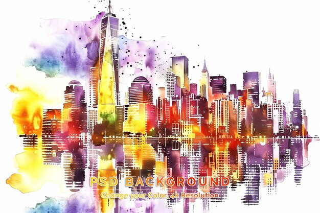 PSD aquarell-splash mit handgezeichneter skizze der new yorker skyline