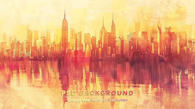 PSD aquarell-splash mit skizze-illustration hong kong city skyline