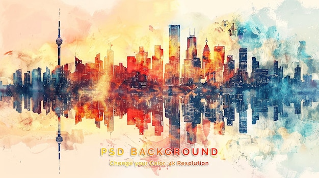 PSD aquarell-splash mit skizze-illustration hong kong city skyline