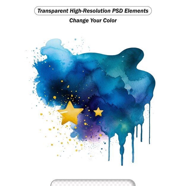 PSD aquarell-splash-wolken-himmel-sterne-blot-splatter-fleck auf weißem transparenten hintergrund