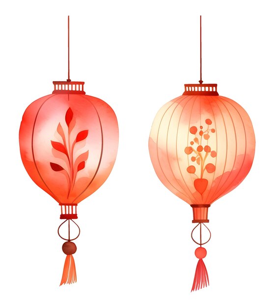 PSD aquarell traditionelle alte asiatische papierlampen mit blumenmuster druck dekoration clipart