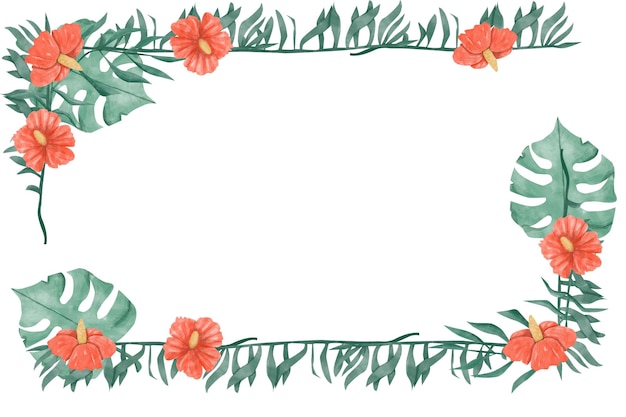 Aquarell tropischer Blumenrahmen mit rotem Hibiskus und üppigem exotischem Laub für Drucktextil
