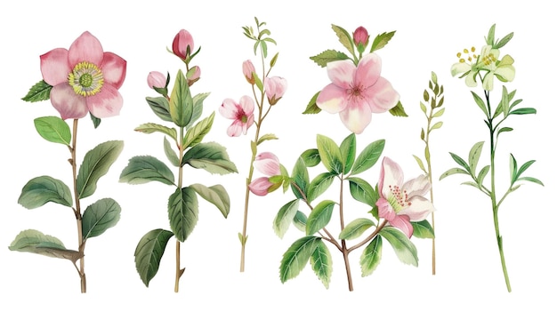 Aquarell von grünen Blättern und rosa Blüten auf weißem Hintergrund AIG56