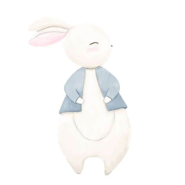 Aquarell Weißes Osterhase in blauem Cardigan Stehend geradeaus und seitwärts blickend Aquarell