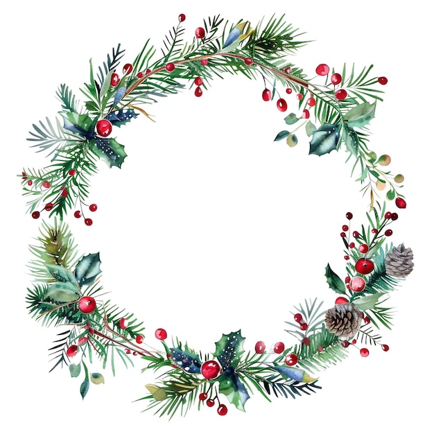 Aquarellbild von rundem Rahmen mit Weihnachtskranz aus Beeren und Heu AIG56