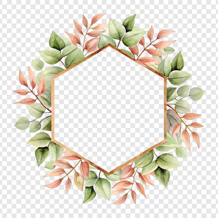 PSD aquarellblumen-hexagonrahmen mit verschiedenen blättern
