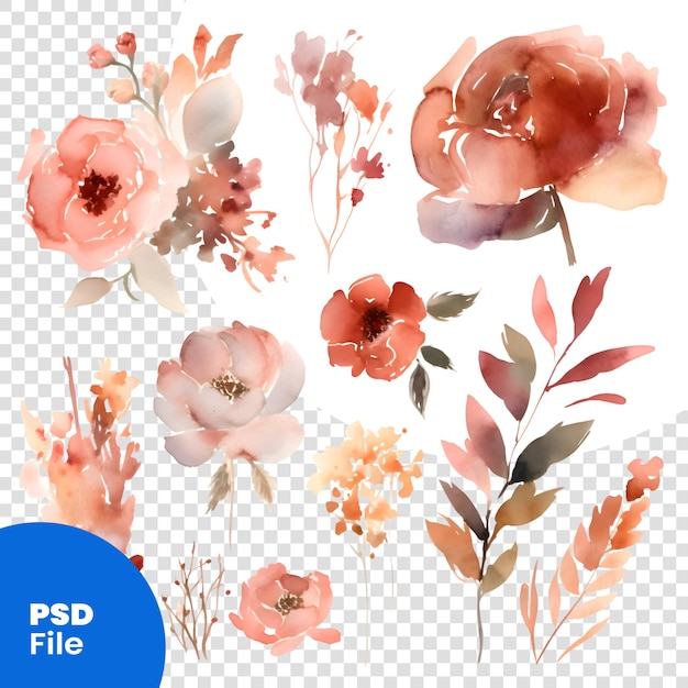 PSD aquarellblumen-set. handbemalte florale elemente isoliert auf weißem hintergrund. psd-vorlage