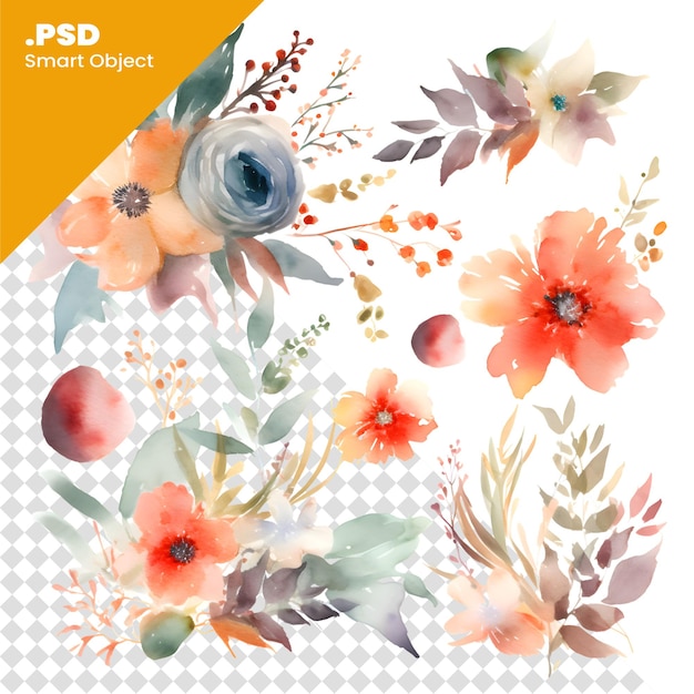 PSD aquarellblumen-set handgemalte illustration isoliert auf weißem hintergrund psd-vorlage