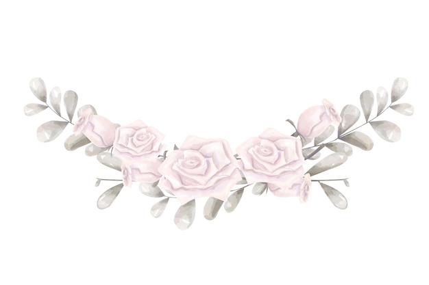 Aquarellblumenarrangement abgerundeter antiker Stil mit rosa Rosen und silbernen Laubillustrationen