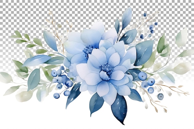 PSD aquarellblumenillustration blaue blumen und eukalyptus grüner bouquetrahmen