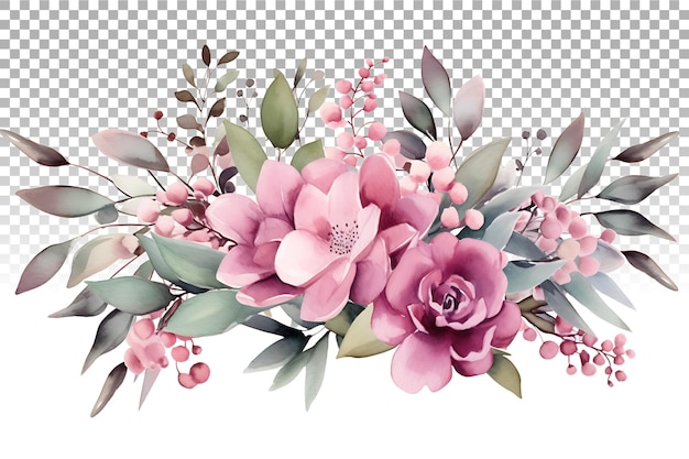 PSD aquarellblumenillustration rosa blumen und eukalyptus grüner bouquetrahmen