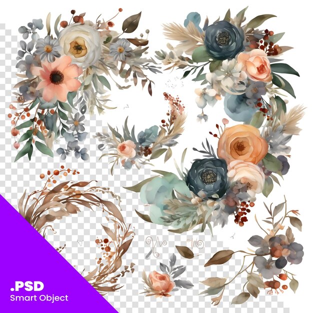 PSD aquarellblumenkränze mit wildblumen und blättern psd-vorlage