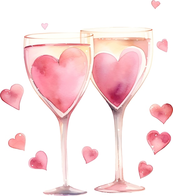 PSD aquarelle 2 verres à vin mignons de la saint-valentin avec des coeurs pour l'amour romance couple art de célébration de vacances