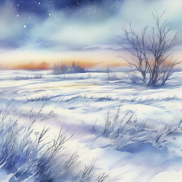 PSD aquarelle un champ sibérien recouvert de neige et gelé