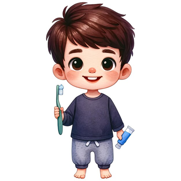 PSD l'aquarelle cute boy tenant le dentifrice et la brosse à dents clipart