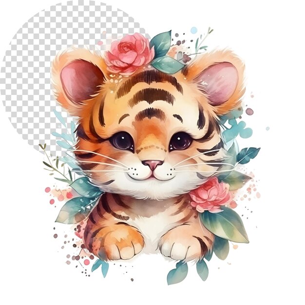 PSD aquarelle cute clipart tigre avec des fleurs sur un fond transparent