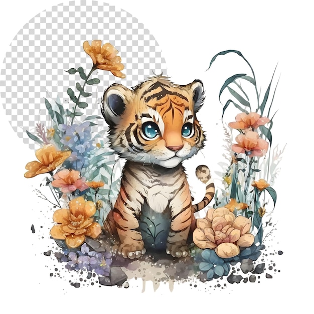 PSD aquarelle cute clipart tigre avec des fleurs sur un fond transparent