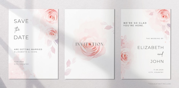 PSD aquarelle élégante avec fleurs et feuilles sur le modèle de carte d'invitation de mariage