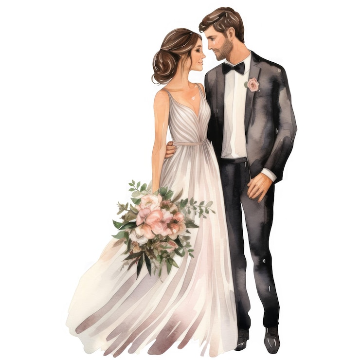 PSD une aquarelle élégante d'une mariée et d'un marié