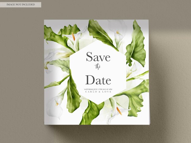 Aquarelle Fleur De Lys Blanc Et Feuilles De Verdure Carte D'invitation De Mariage