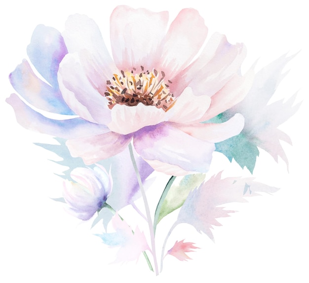 Aquarelle fleur de pioie rose avec bourgeon et feuilles illustration isolée de mariage romantique pastel