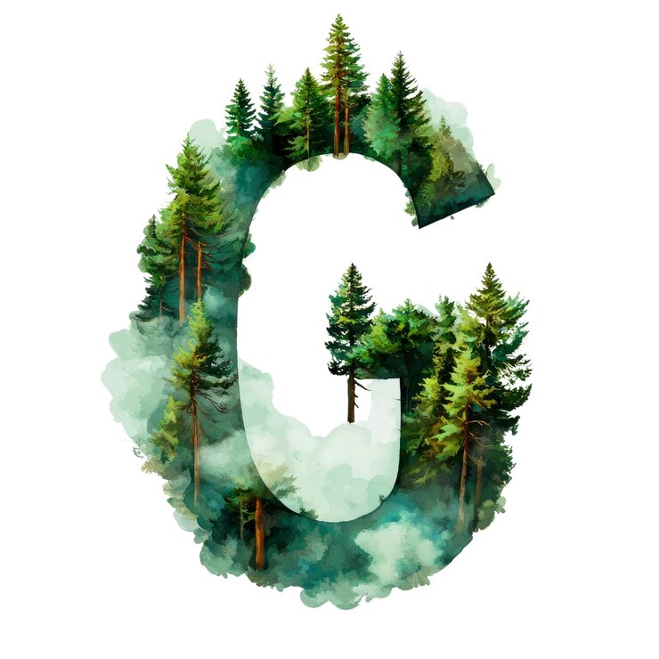 PSD aquarelle la lettre g avec un paysage forestier