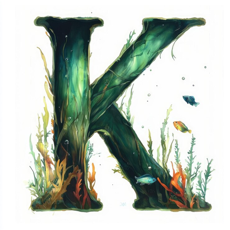 PSD aquarelle lettres k avec thème sous-marin
