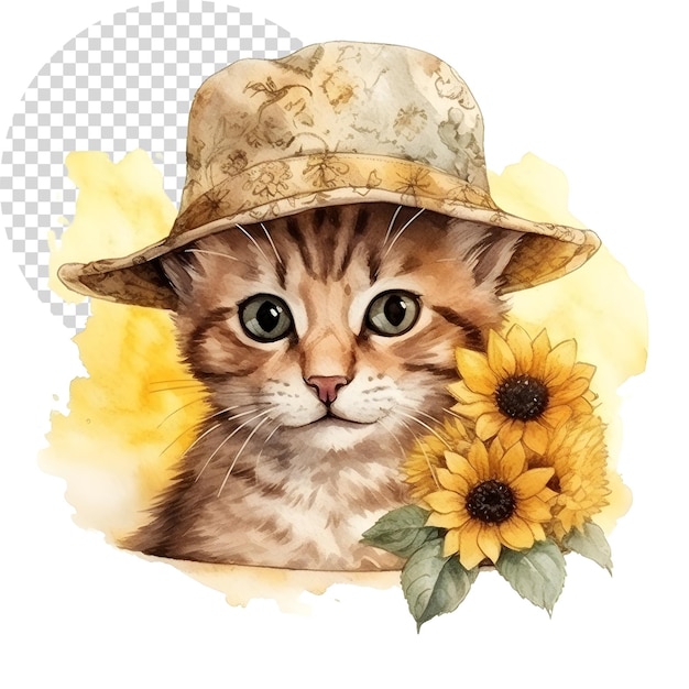 PSD aquarelle mignon chat clipart portant un chapeau avec du tournesol sur un fond transparent