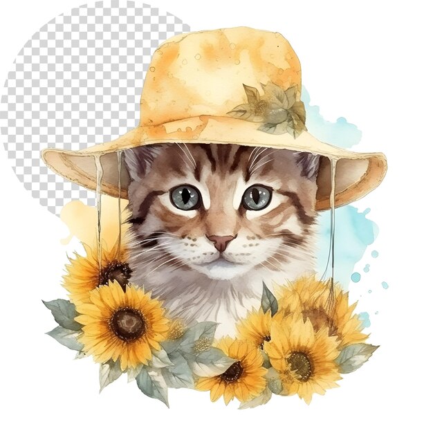 PSD aquarelle mignon chat clipart portant un chapeau avec du tournesol sur un fond transparent