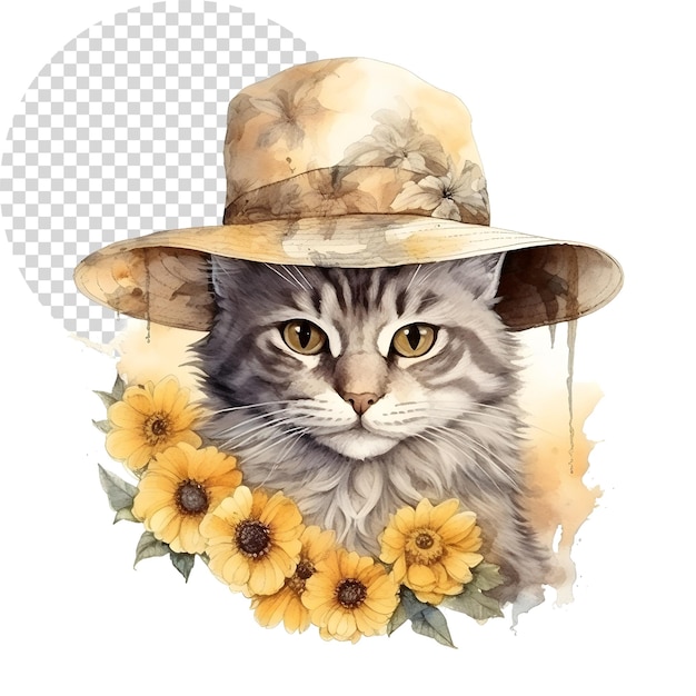 PSD aquarelle mignon chat clipart portant un chapeau avec du tournesol sur un fond transparent