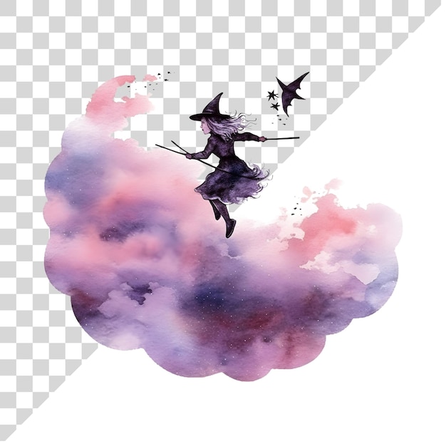 Aquarelle Mignonne Clipart Sorcière D'halloween Volant Sur Un Balai Sur Un Fond Transparent