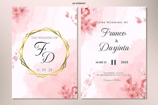 PSD aquarelle de modèle d'invitation de mariage double face