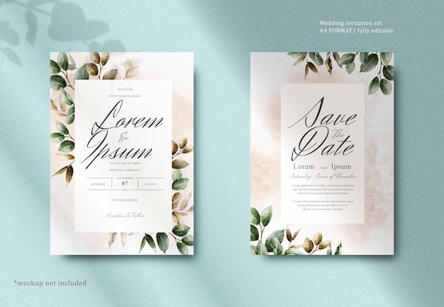 PSD aquarelle de verdure conception de cartes modèle invitation mariage floral