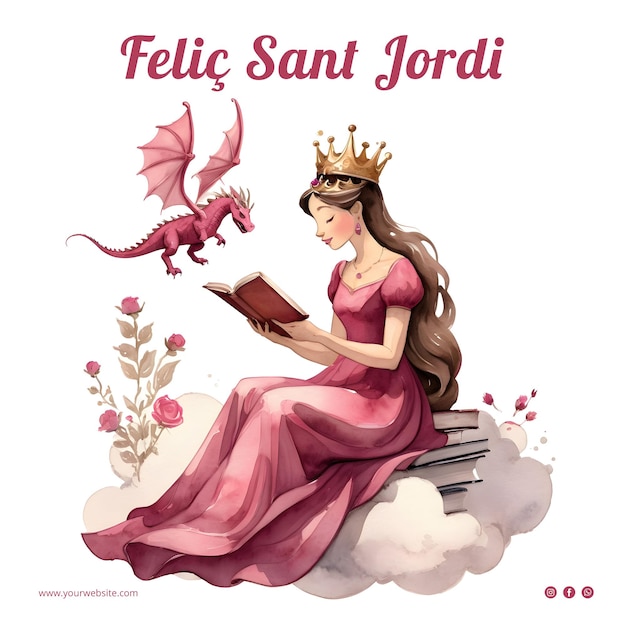 PSD aquarellillustration diada de sant jordi mit prinzessin drachenbuch und rosen