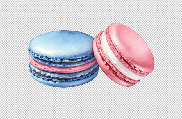 Aquarellillustration eines rosa Macarons mit blauer Füllung