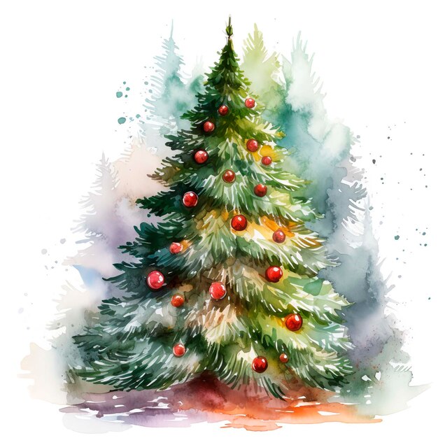 PSD aquarellillustration eines weihnachtsbaums mit dekorationen