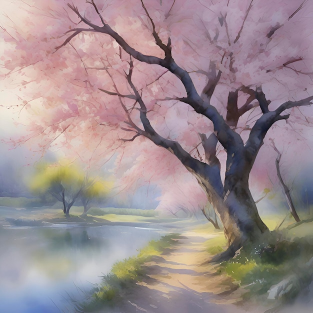 PSD aquarellmalerei einer morgen-kirschenblüte-landschaft