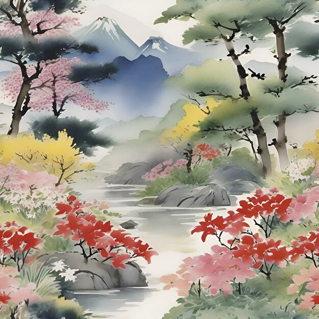 PSD aquarellmalerei eines wildblumengartens im stil der traditionellen japanischen malerei