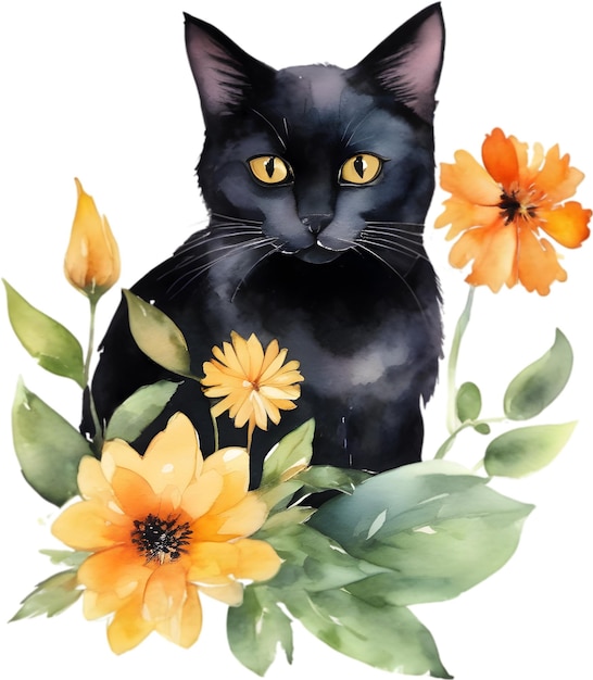 PSD aquarellmalerei von katze mit blume aigenerated