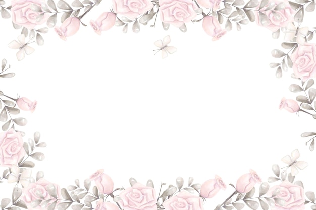 Aquarellrahmen Einladung antiker Stil Rosa Rosen Silberblätter Weiße Schmetterlinge Horizontal
