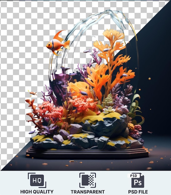 PSD aquarium de poissons exotiques et de récifs mis en place avec un poisson orange et une fleur jaune et orange vibrante