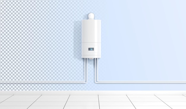 PSD aquecedor elétrico de água da caldeira com termostato de segurança de tubos e exibição no fundo da parede azul na sala com piso de ladrilho renderização 3d vista frontal do equipamento do sistema de aquecimento central doméstico