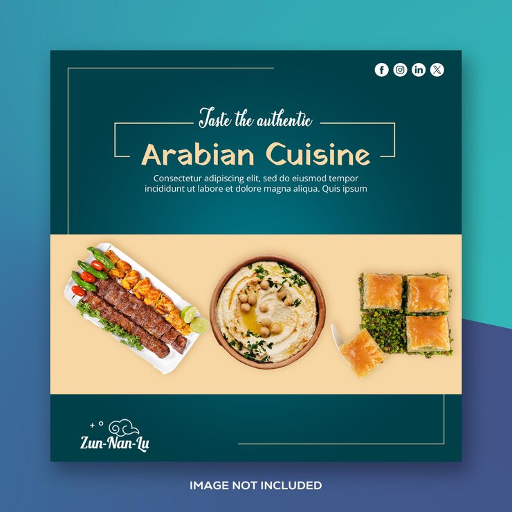 PSD arabian cuisine psd poster restaurant flyer with photo square social media banner or post