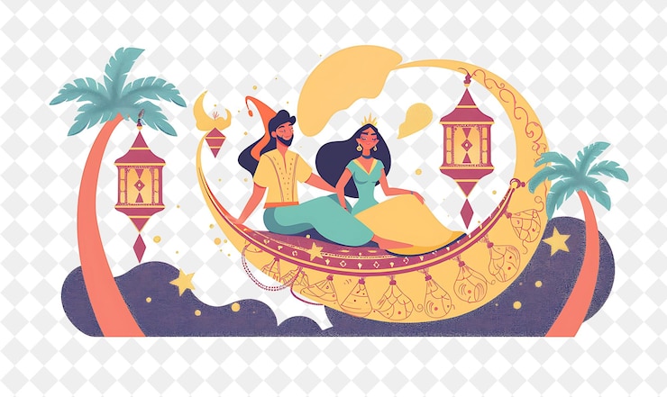 PSD arabian nights with aladdin and jasmine riding a magic carpe pessoas estilo de vida ilustração plana