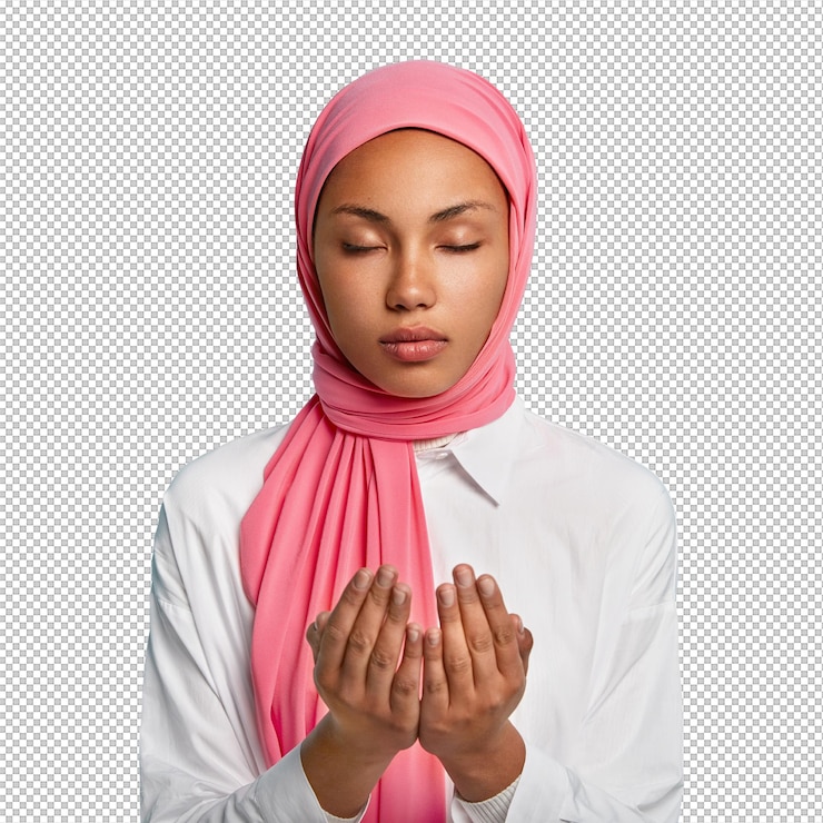 PSD arabic faithful dark skinned woman keeps hands in praying gesture asks allah for good health believes in wellness has veiled head wears white shirt keeps eyes closed enjoys peaceful atmosphere