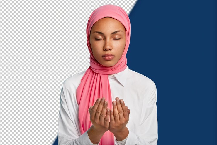 PSD arabic faithful dark skinned woman keeps hands in praying gesture