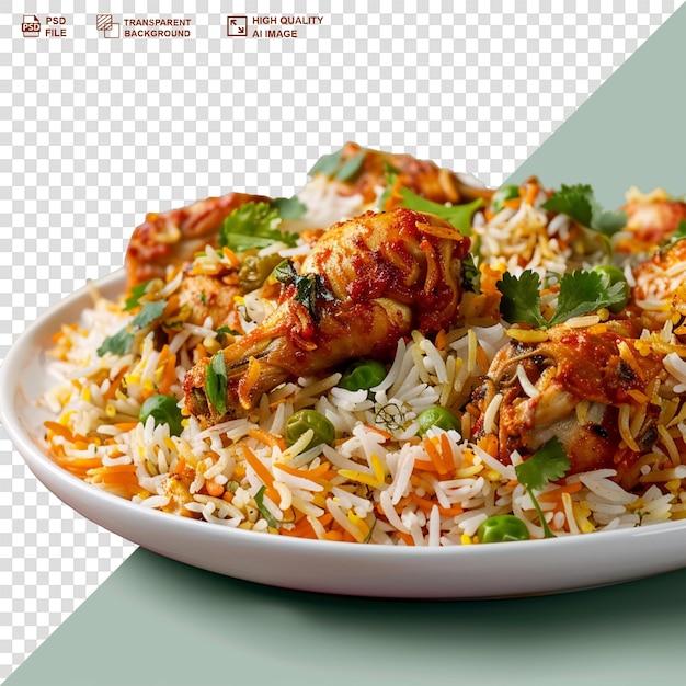 PSD arabic food kabsa with chicken and almonds closeup on a plate on transparent background