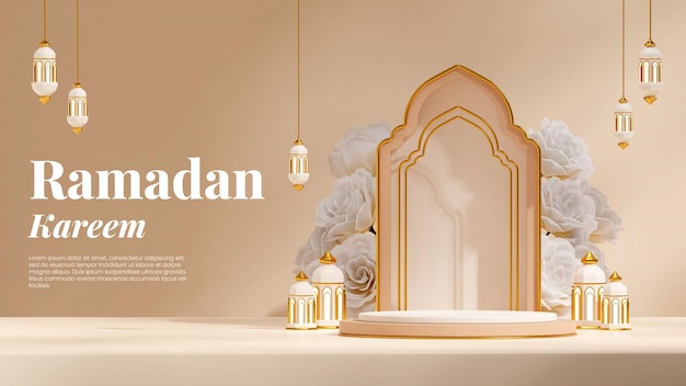 Arabische lampe und weiße blume ramadan kareem, 3d-renderbild leere szene weißes podium in landschaft