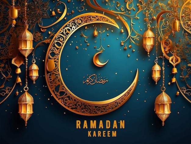PSD arabischer halbmond und golden lanterns lichtlampe ramadan kareem banner hintergrund